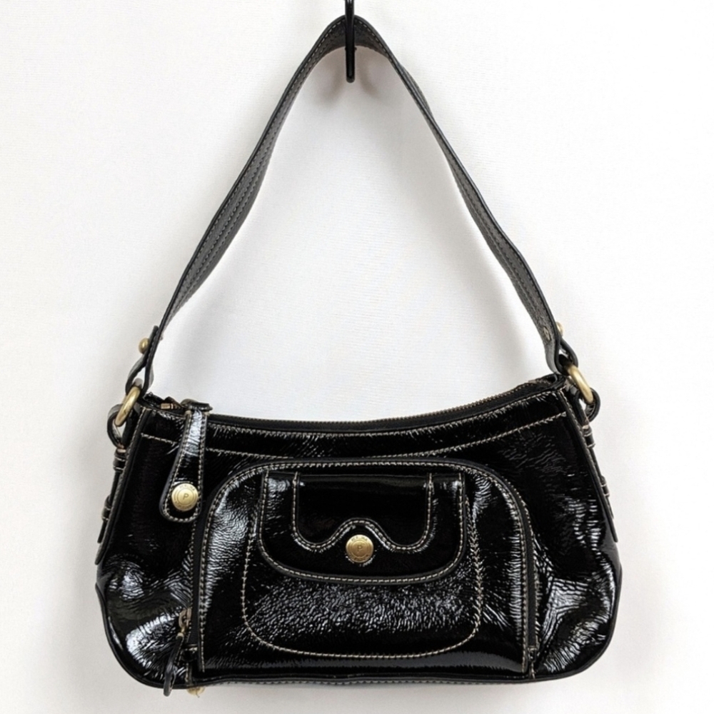 Perlina New York Baguette Bag Crinkle Patent Leather Organizer Pocket Y2K Black